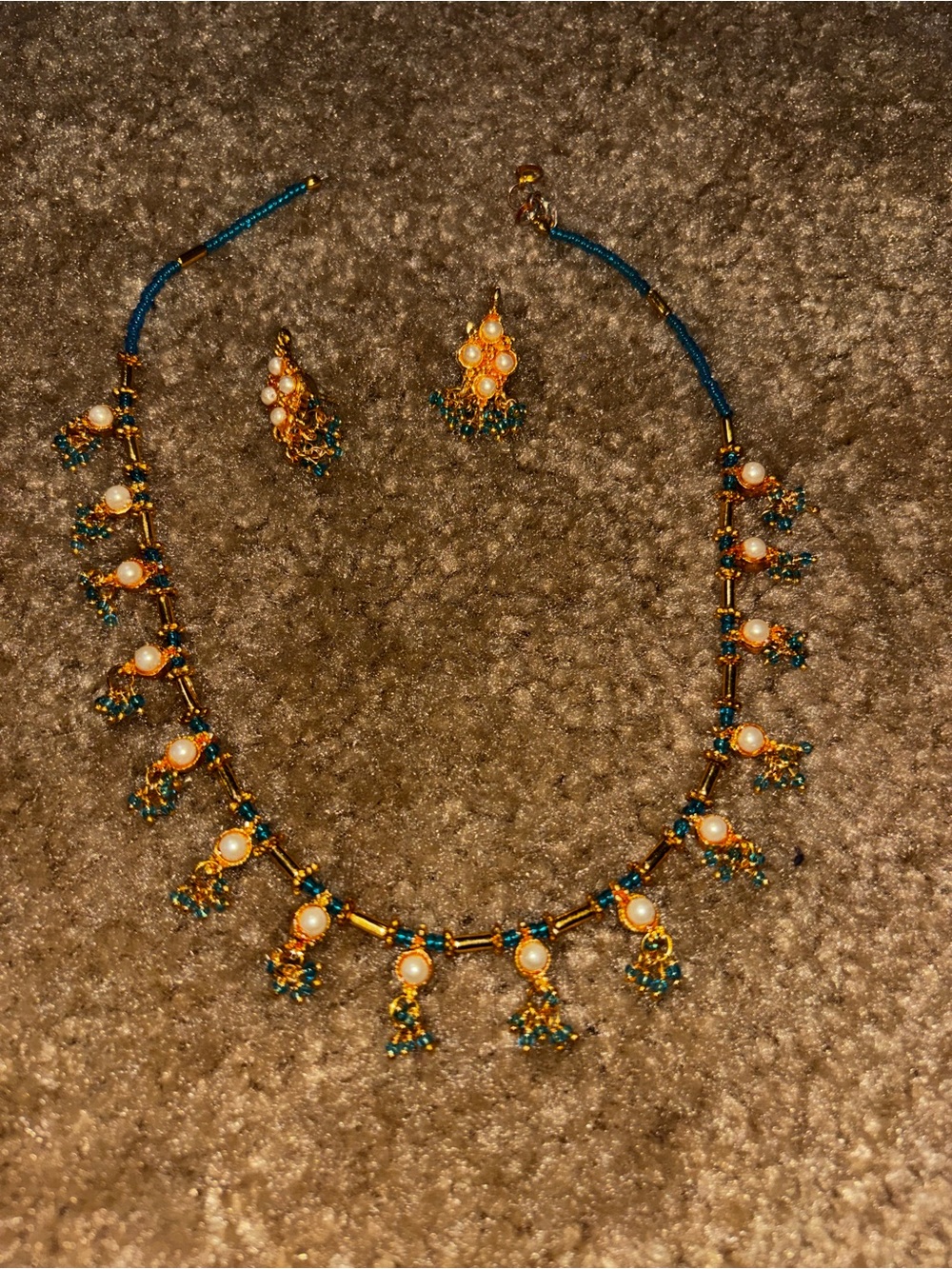 Indian Gold-Tone Pearl & Teal Bead Women's Necklace Set